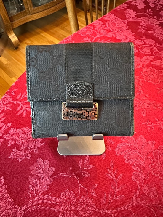 Gucci Handbags - Gucci Black Canvas & Leather Compact Snap Wallet w/ Gold Charm